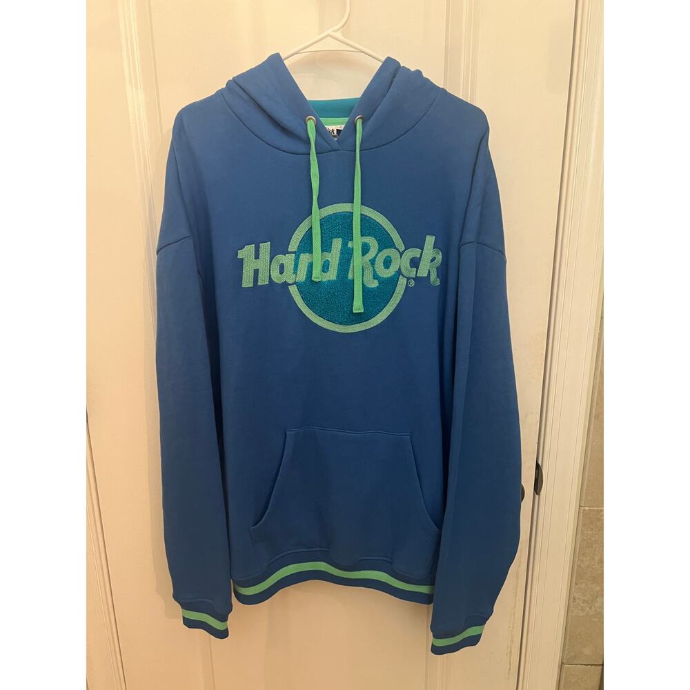Hard Rock Men's Pullover Stitch fuzzy textured L Hoodie Blue/Green Embroidered